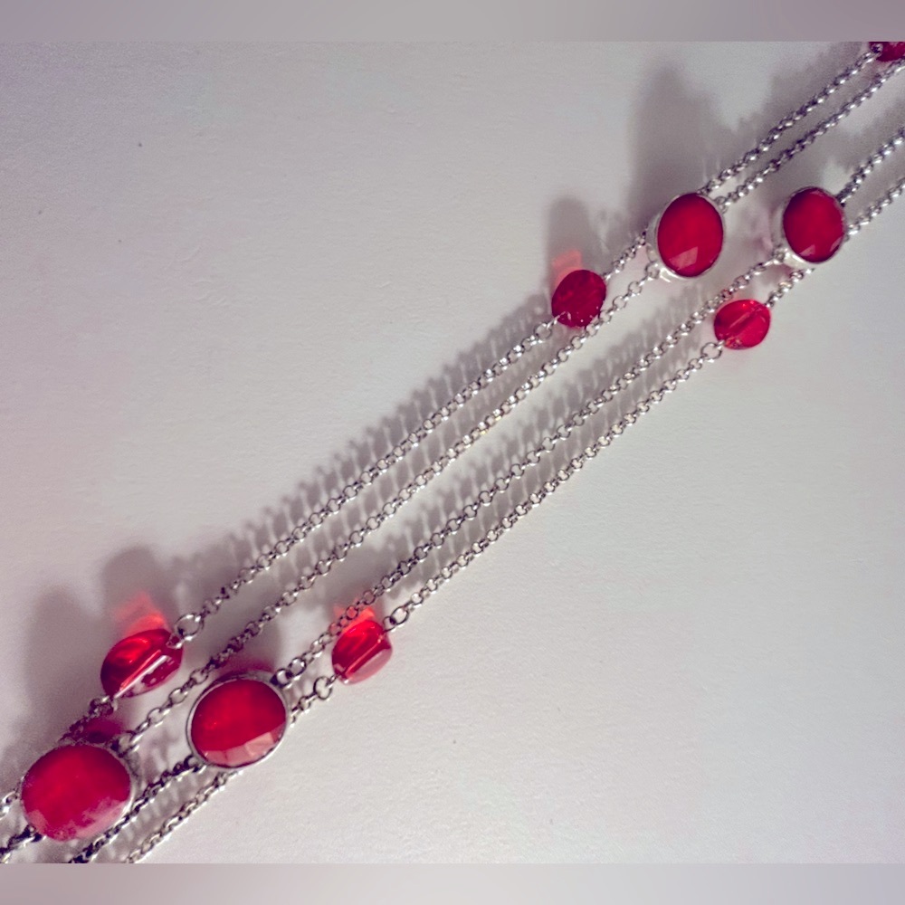 free💰add 1 to bundle Necklace red faceted acrylic stones silver long chain